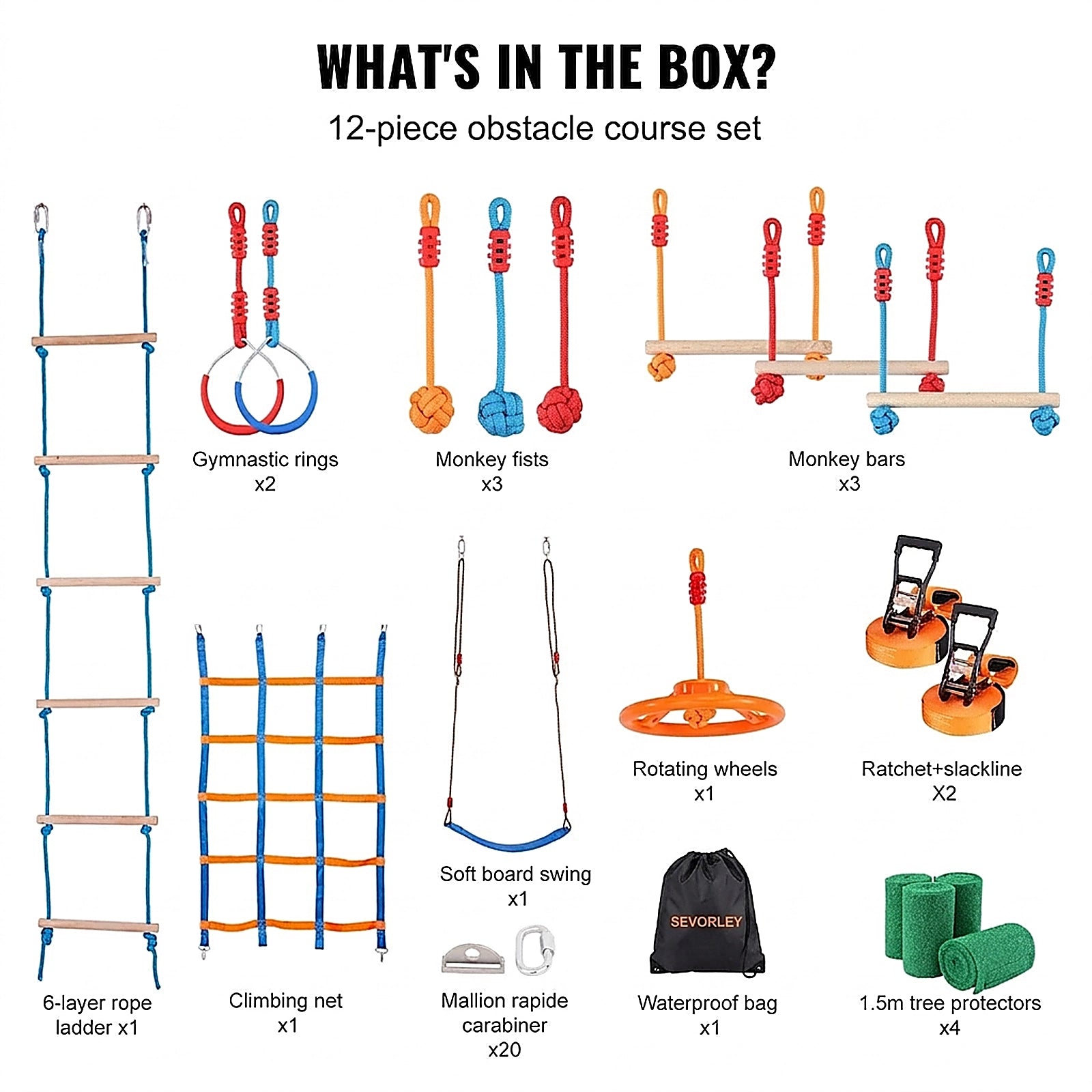 Doba Ninja Warrior Obstacle Course for Kids, 2 x 56 ft Weatherproof Slacklines, 500lbs Weight Capacity Monkey Line, Outdoor Playset Equipment, Backyard Toys Training Equipment Set with 12 Obstacles
