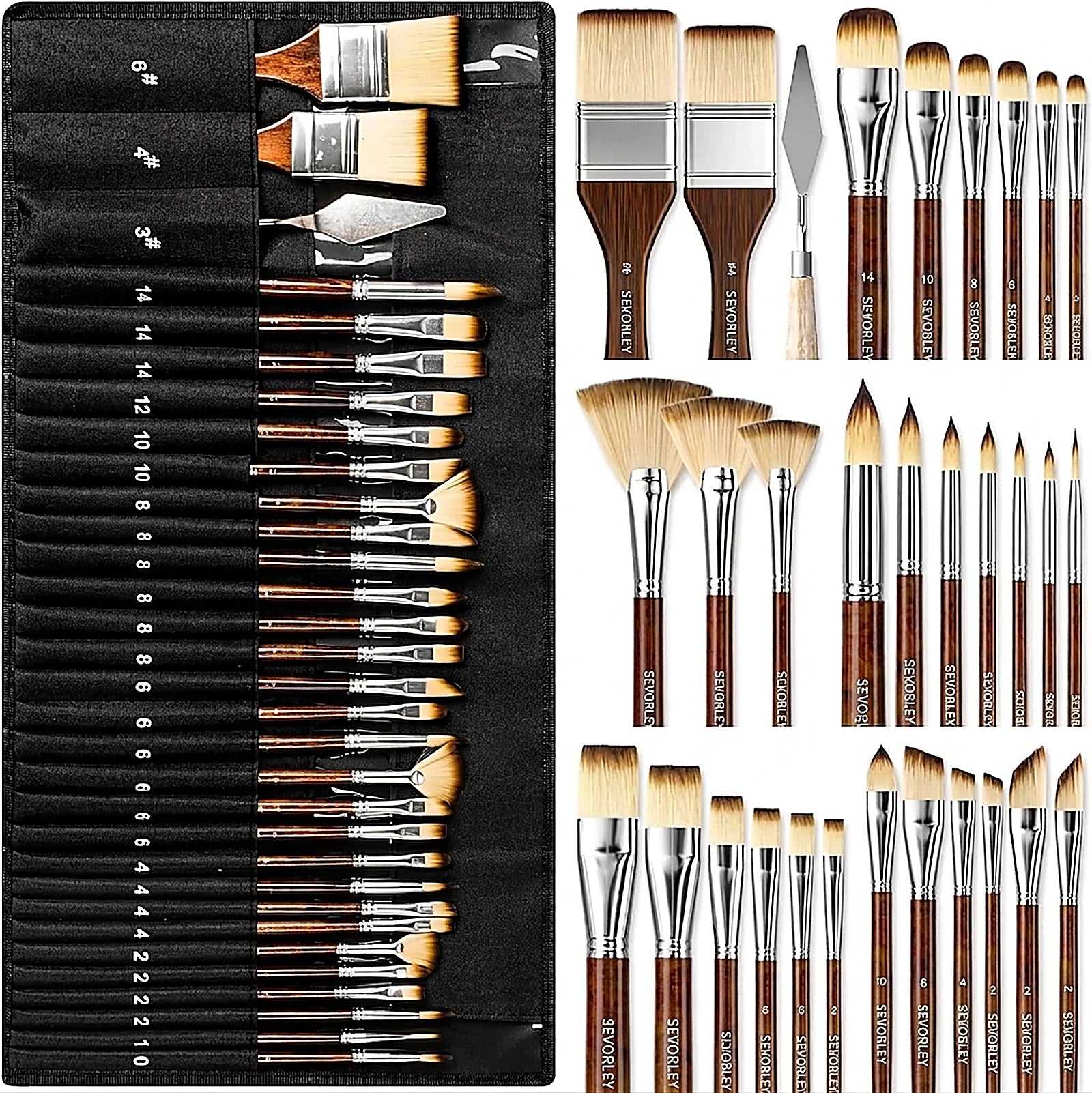 Doba 30pcs Paint Brush Set, Professional Paintbrushes with Paint Spatula and Cloth Roll, Craft Paint Brushes for Acrylic Painting, Oil, Watercolor, Gouache, Art Supplies for Artists and Beginners Wood