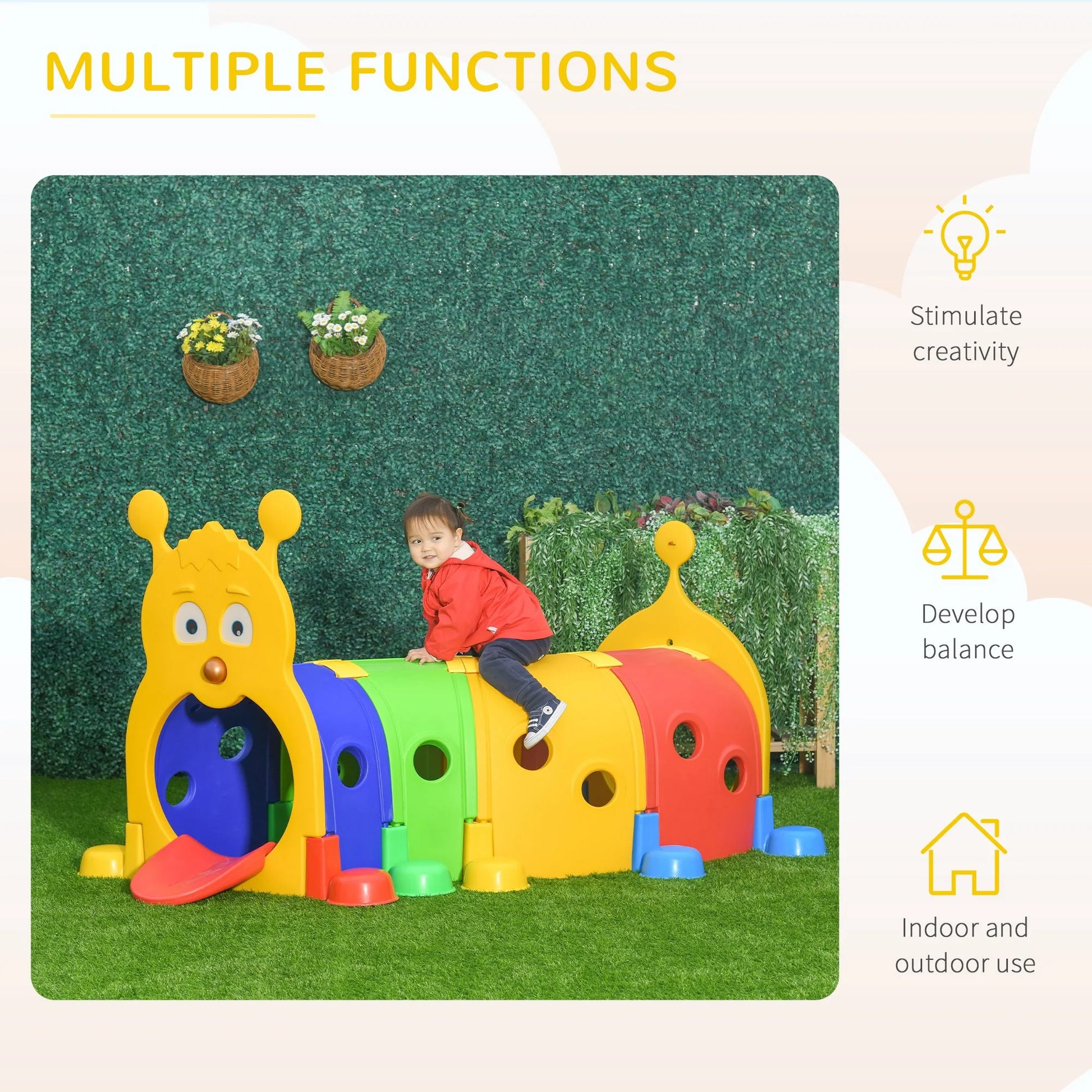 Doba Caterpillar Tunnel, Kids Outdoor Play, Multicolor 59 Inches Long, Non-toxic PP, Toddler Toy for 3-6 Years Old