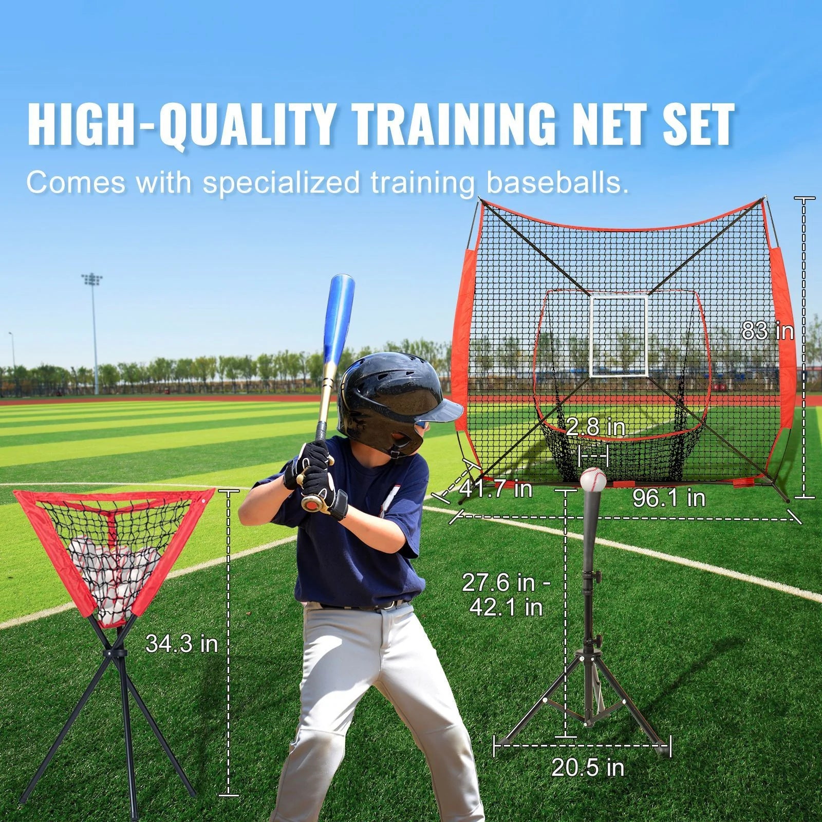 Doba 7x7 ft Baseball Softball Practice Net, Portable Baseball Training Net for Hitting Catching Pitching, Backstop Equipment with Bow Frame, Carry Bag, Strike Zone, 12 Balls, Tee, and Ball Collector