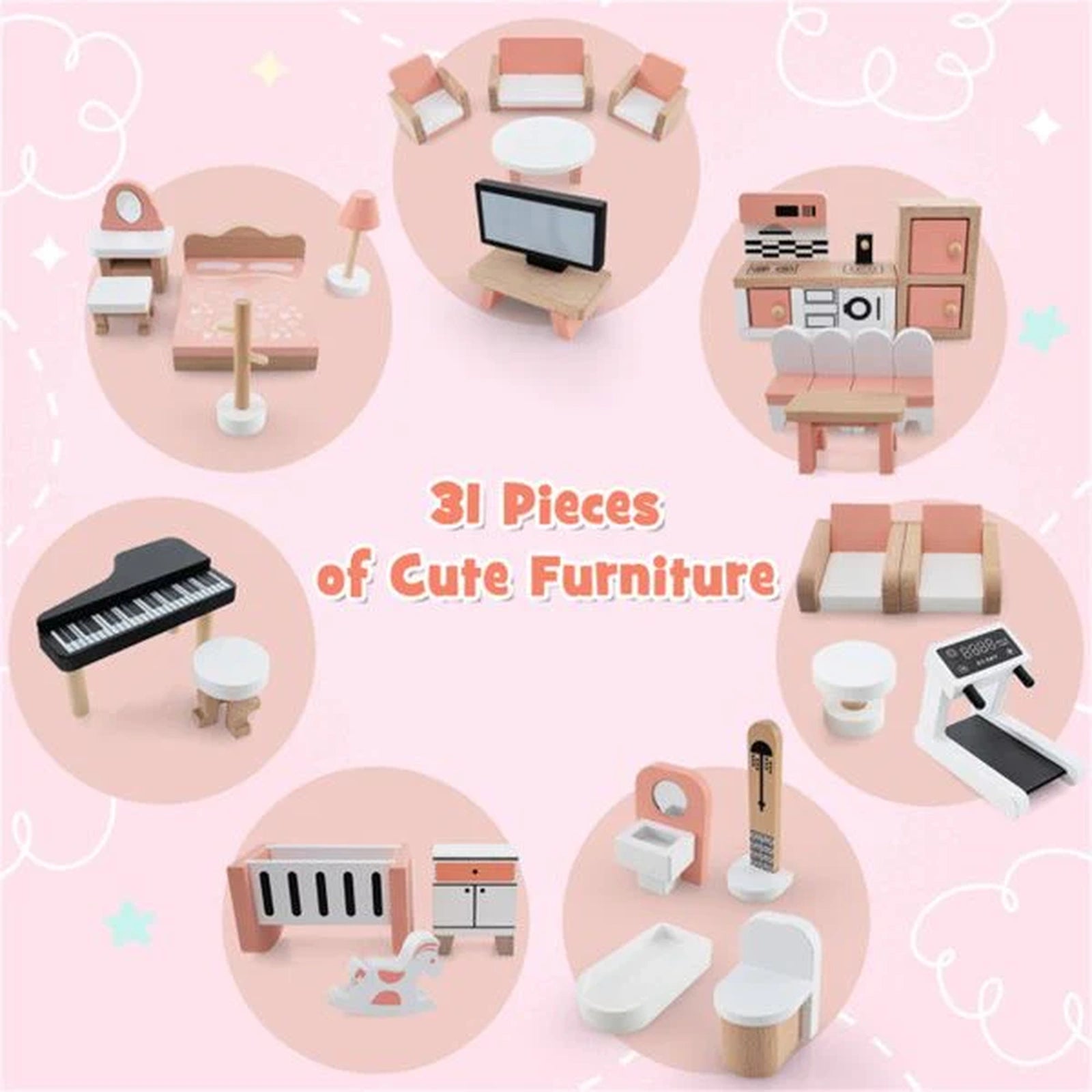 Doba 3-Tier Dollhouse with 7 Rooms & 31 Cute Furniture, MDF+Pine Wood Corner Design Kids Toy