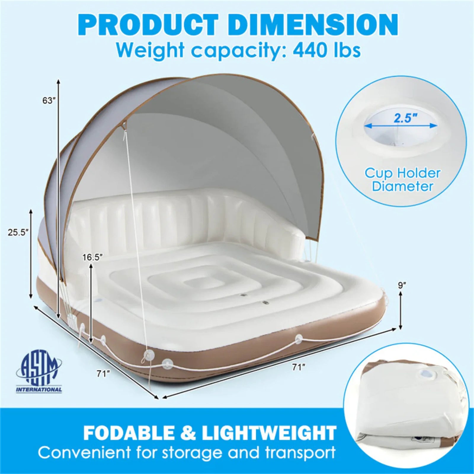 SEVORLEY Inflatable Floating Island Lounge – 71" x 71" Water Raft with Adjustable Removable Sunshade Canopy, SPF50+ Protection, Cup Holders, 441 lbs Capacity for Pool, Lake, Beach, Patio