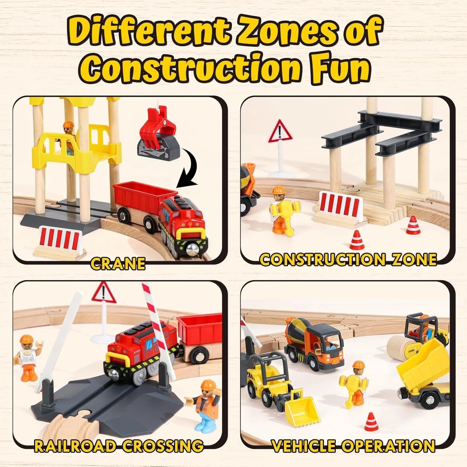 Doba Wooden Train Set, Construction Toys Train Set for Toddlers 2-4, Wooden Train Track for Kids w/Crane, Railway Playset Toys for 3 Year Old Boys Girls