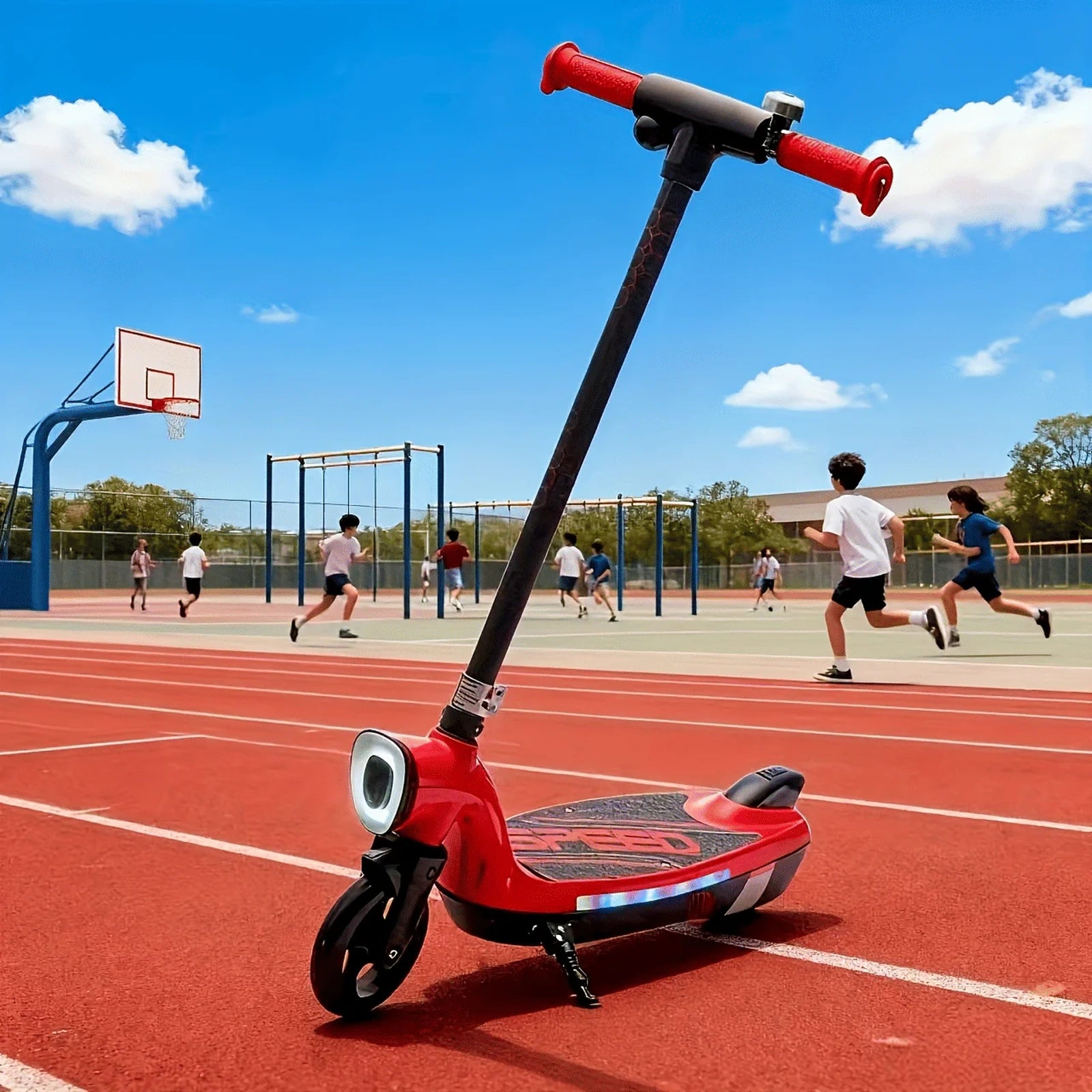 Doba Kids Ride On Electric Scooter With Kickstand,Scooter Bell,Faster Speed And Longer Usage Time,Rear Brake,Wider Pedal,Non-Slip Handle,Colorful LED Lights,5.59-6.84 MPH For Kids 6+. red