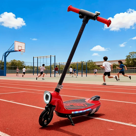 Doba Kids Ride On Electric Scooter With Kickstand,Scooter Bell,Faster Speed And Longer Usage Time,Rear Brake,Wider Pedal,Non-Slip Handle,Colorful LED Lights,5.59-6.84 MPH For Kids 6+. red