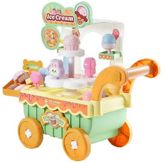 Doba Ice Cream Cart for Kids, 27 PCS Accessories, Pretend Play Store with Storage Trolley with Pretend Money, Sound & Light Effects, Montessori Educational Ice Cream Truck Toys for Toddlers 3+