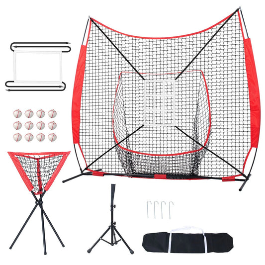 Doba 7x7 ft Baseball Softball Practice Net, Portable Baseball Training Net for Hitting Catching Pitching, Backstop Equipment with Bow Frame, Carry Bag, Strike Zone, 12 Balls, Tee, and Ball Collector Single Hole and Nine Holes Batting Tee + Ball Collector + 12 White Baseballs