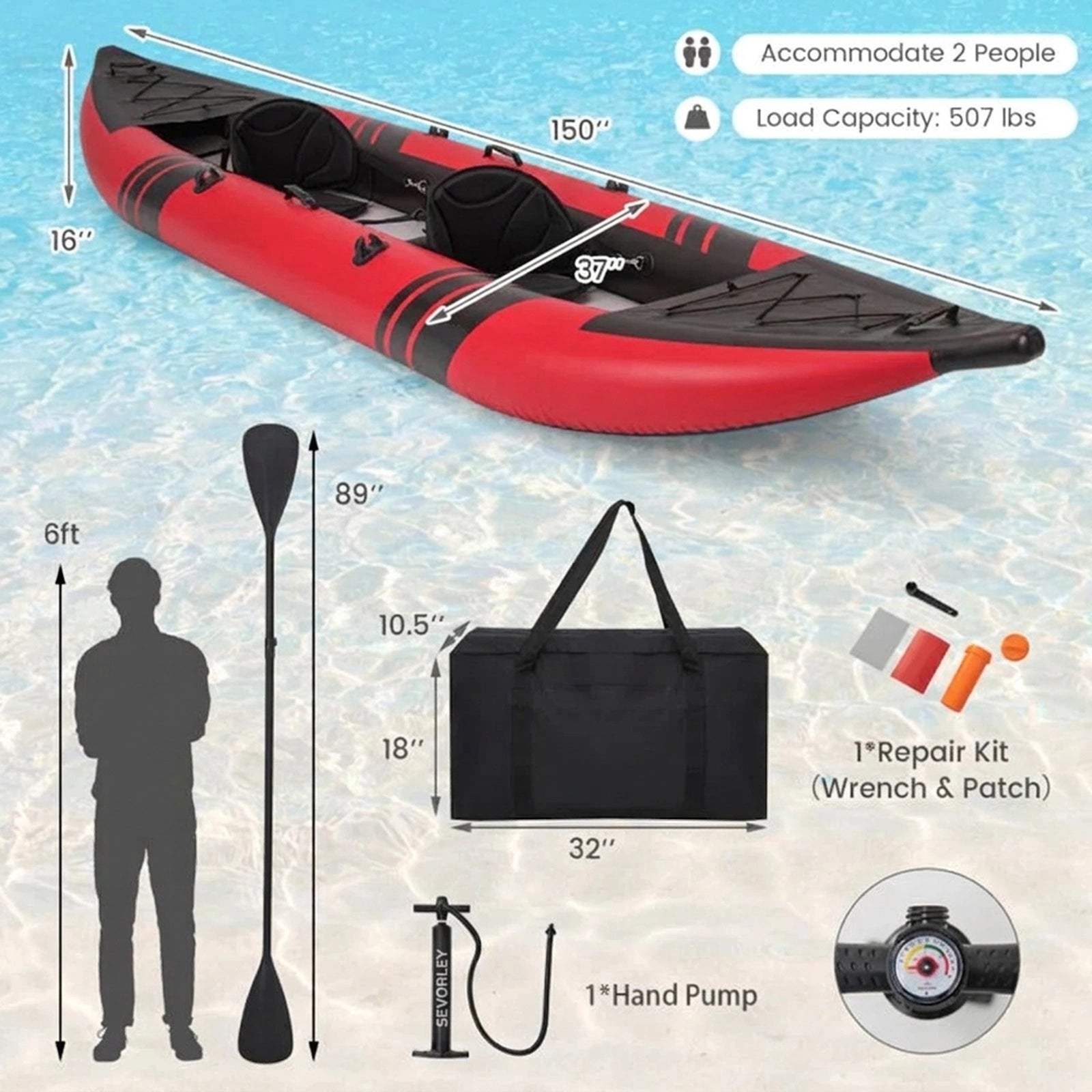 Doba Inflatable 2-person Kayak Set with Aluminium Oars and Repair Kit