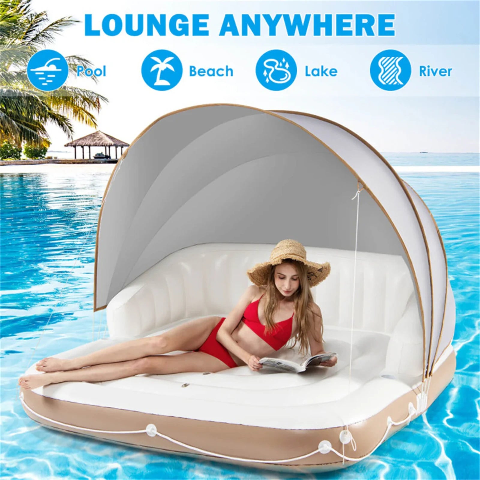 SEVORLEY Inflatable Floating Island Lounge – 71" x 71" Water Raft with Adjustable Removable Sunshade Canopy, SPF50+ Protection, Cup Holders, 441 lbs Capacity for Pool, Lake, Beach, Patio