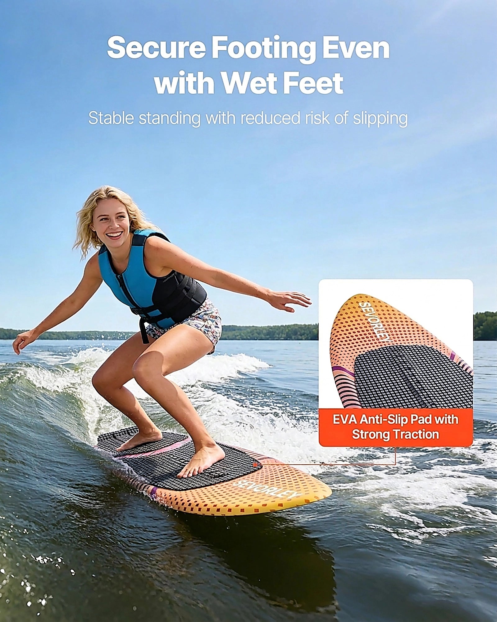 Doba 63-Inch Wakesurf Board, Wake Surfing Board with EPS Foam Core, EVA Non-Slip Pad & 3 Tail Fins, UV-Resistant Wakesurfing Boards for Adults Up to 250 lbs