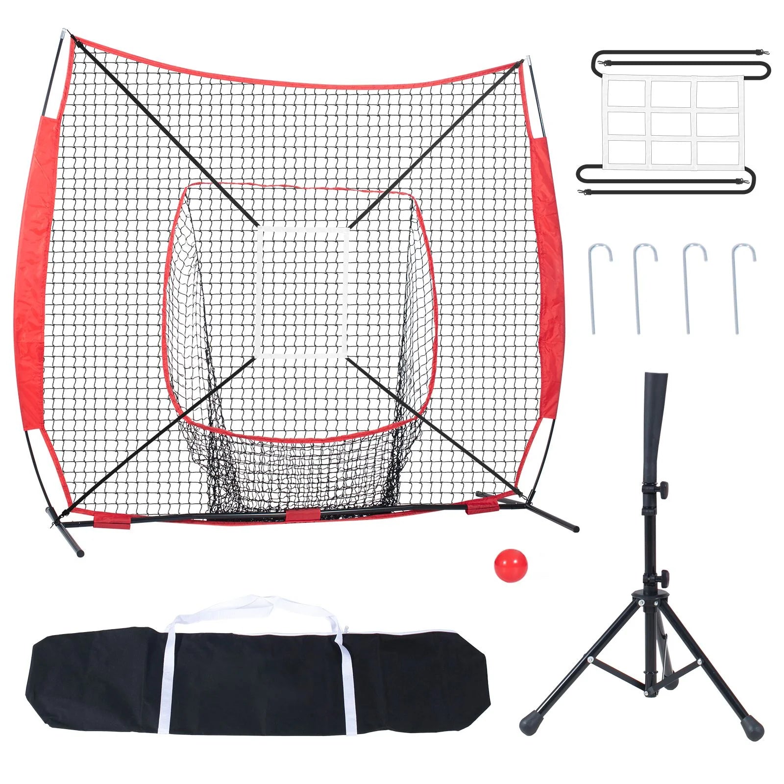Doba 7x7 ft Baseball Softball Practice Net, Portable Baseball Training Net for Hitting Batting Catching Pitching, Backstop Baseball Equipment with Bow Frame, Carry Bag, Strike Zone, Ball, Batting Tee