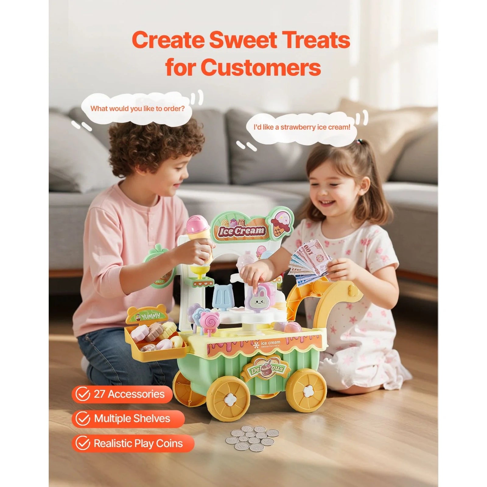 Doba Ice Cream Cart for Kids, 27 PCS Accessories, Pretend Play Store with Storage Trolley with Pretend Money, Sound & Light Effects, Montessori Educational Ice Cream Truck Toys for Toddlers 3+