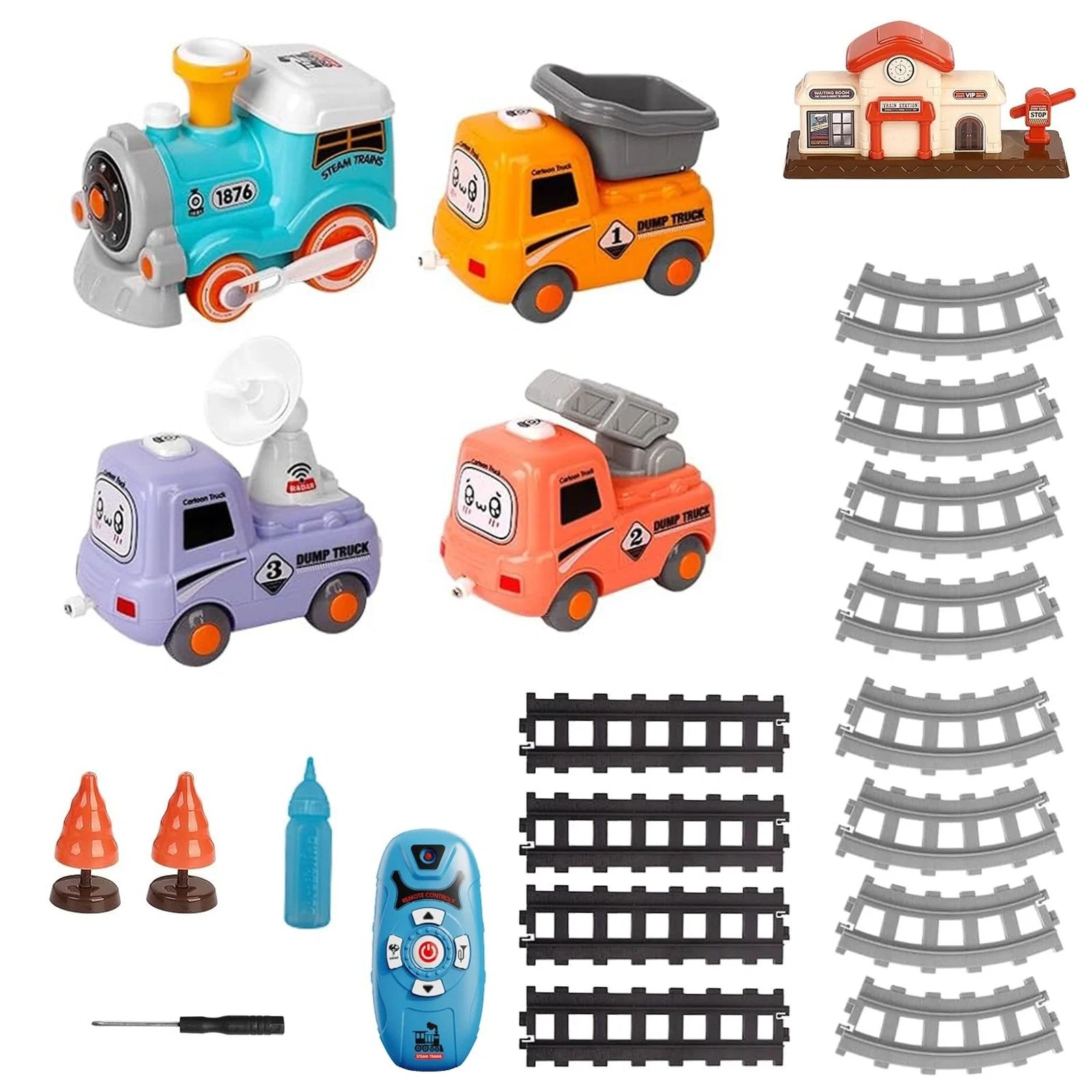 Doba Kids Electric Train Set with Remote - Immersive Play with Authentic Train Sounds, Smoke Effects & Colorful Lights, Magnetic Connection Locomotive + 3 Trucks, Easy Assembly Tracks & Accessories, Perfec