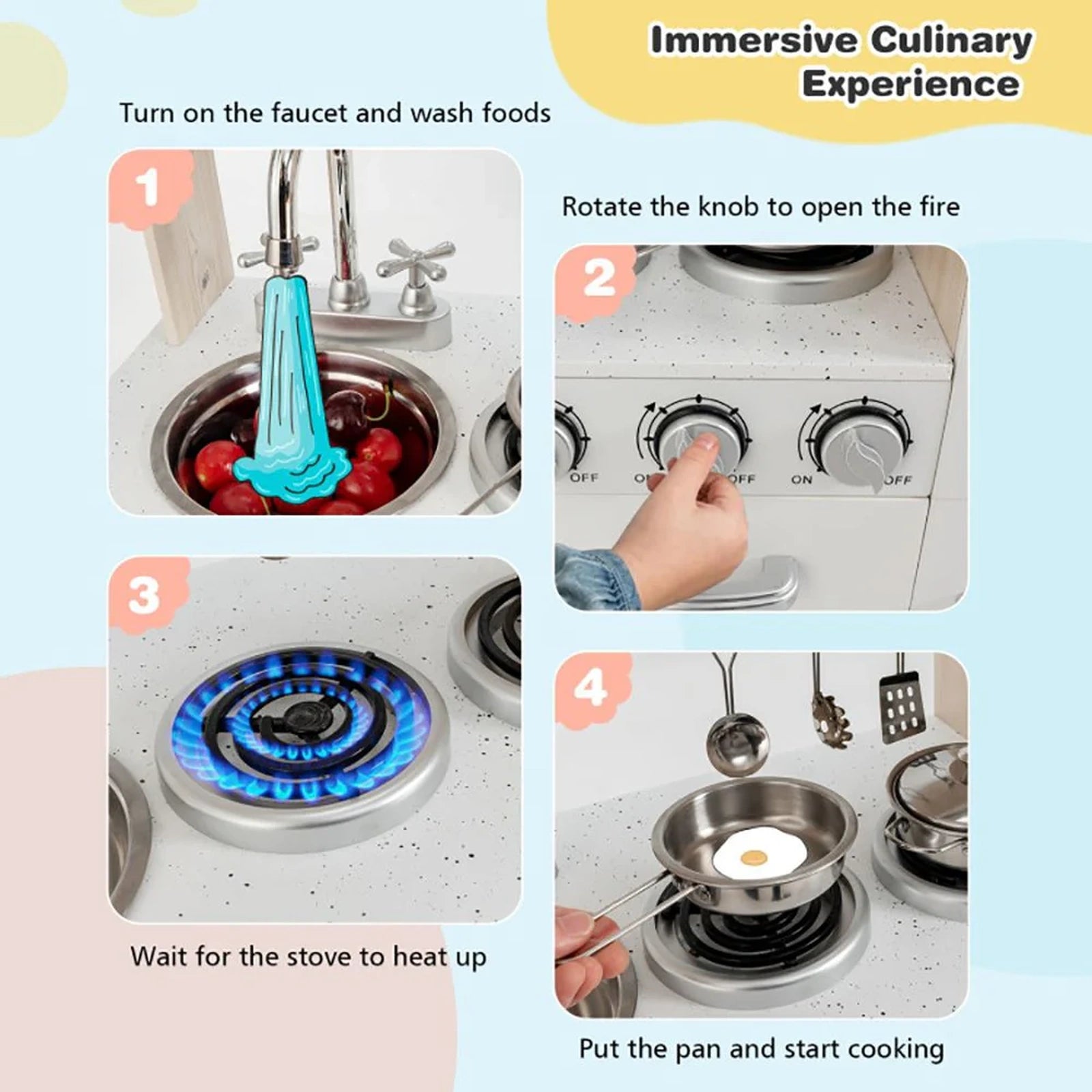 Doba Vintage Play Kitchen Pretend Kids Cooking Playset Toys with Water Dispense
