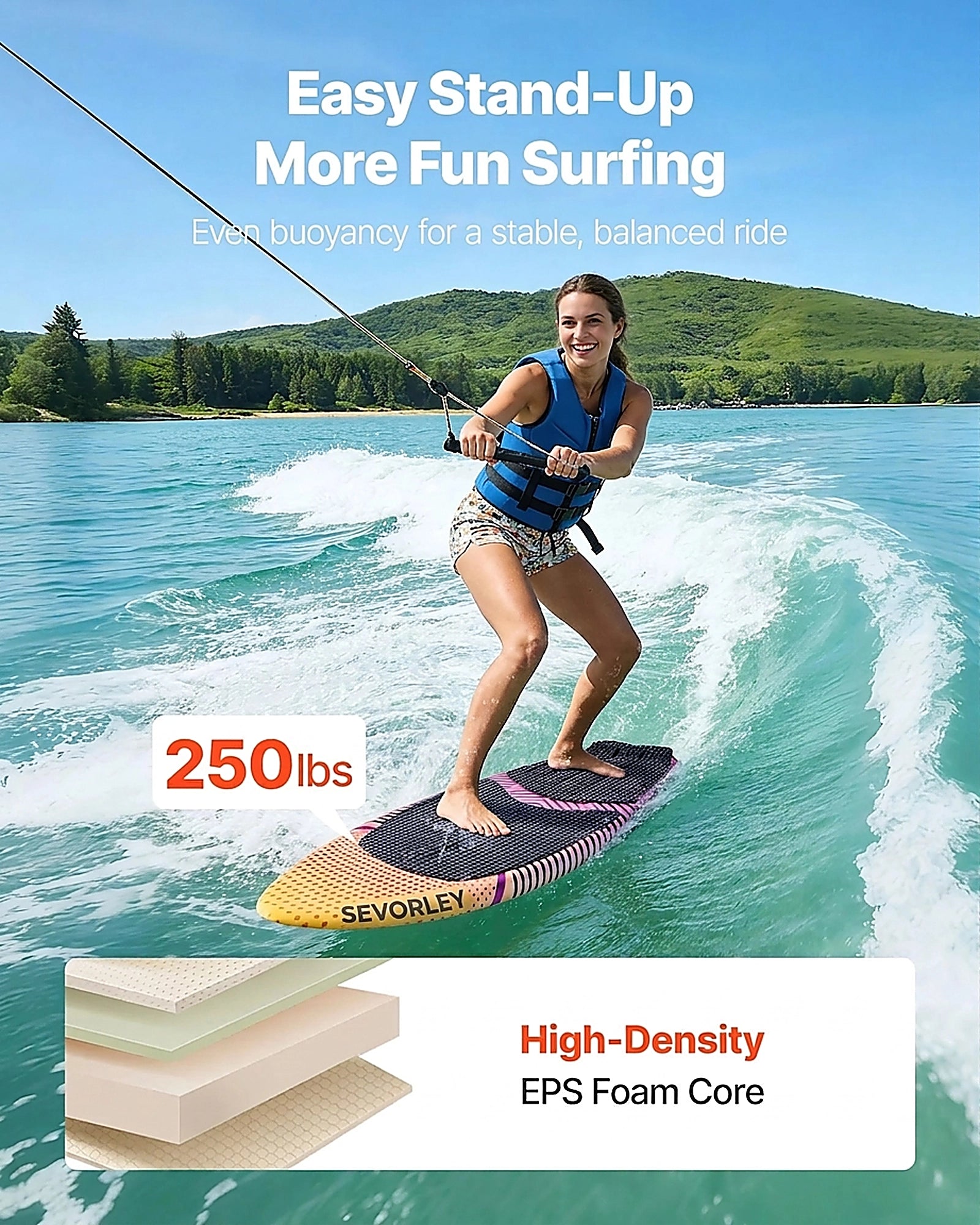 Doba 63-Inch Wakesurf Board, Wake Surfing Board with EPS Foam Core, EVA Non-Slip Pad & 3 Tail Fins, UV-Resistant Wakesurfing Boards for Adults Up to 250 lbs