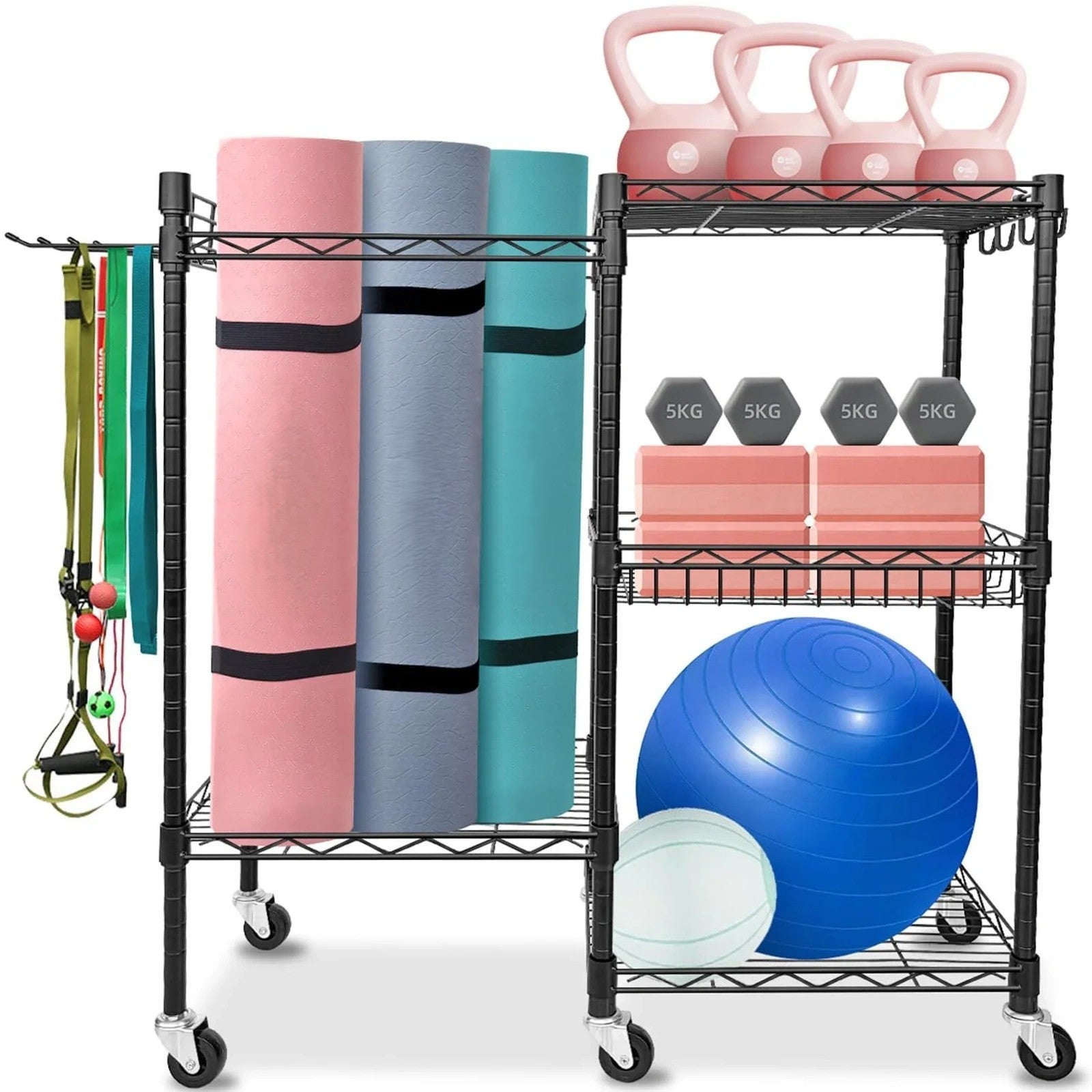 Doba Home Gym Storage Rack, Yoga Mat Storage Rack, Gym Equipment Storage for Yoga Mats, Foam Roller, Dumbbells, Kettlebells and Resistance Bands, Workout Equipment Organizer with Wheels