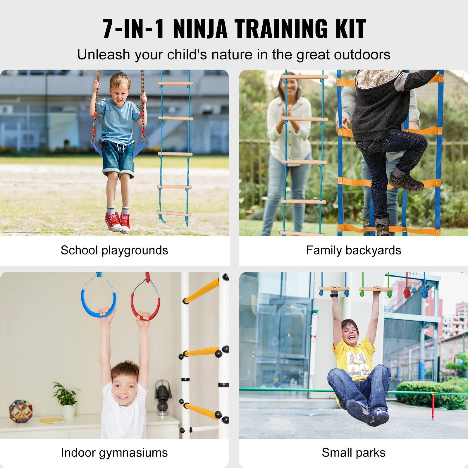 Doba Ninja Warrior Obstacle Course for Kids, 2 x 56 ft Weatherproof Slacklines, 500lbs Weight Capacity Monkey Line, Outdoor Playset Equipment, Backyard Toys Training Equipment Set with 12 Obstacles