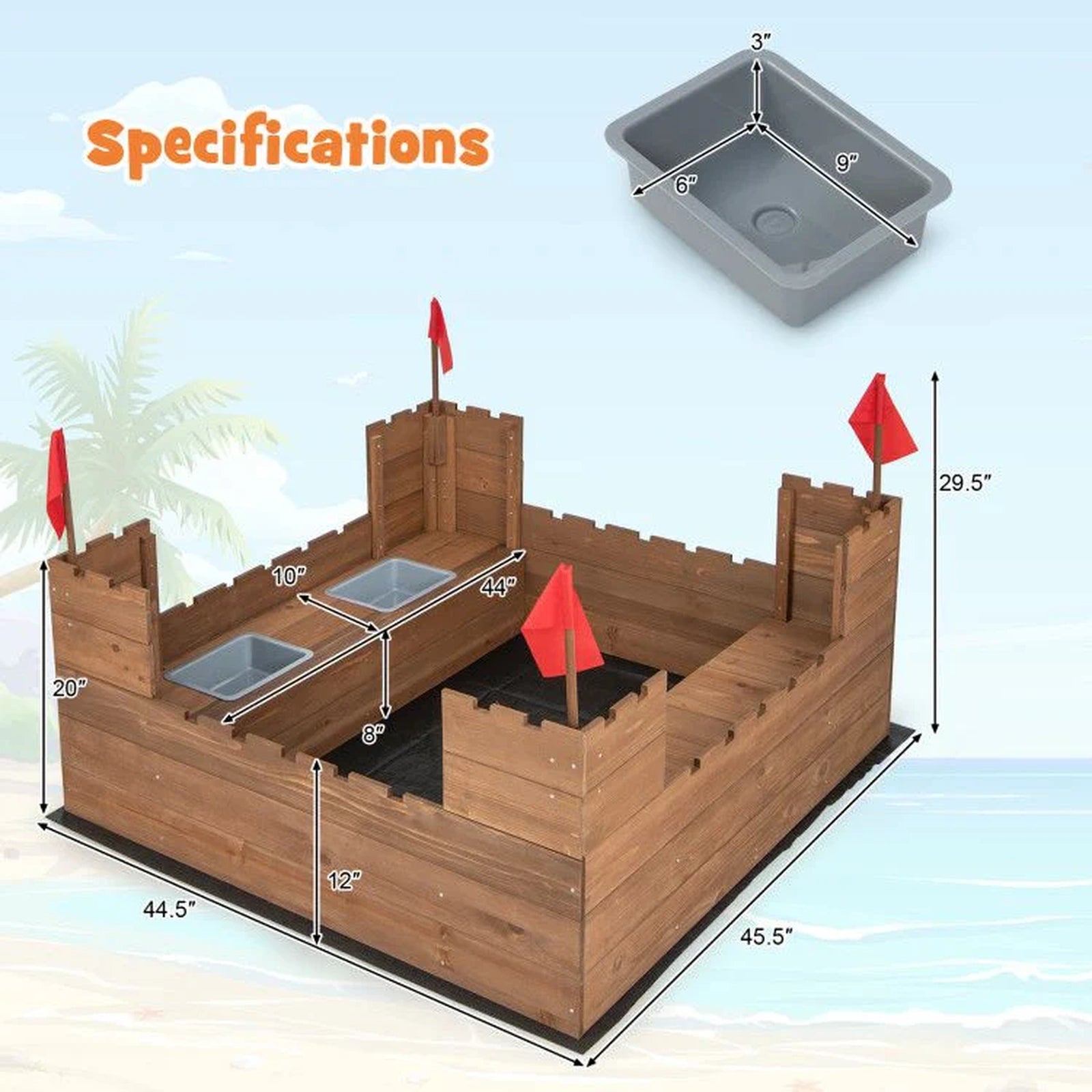 Doba Kids Wooden Sandbox with Bottom Liner and Red Flags