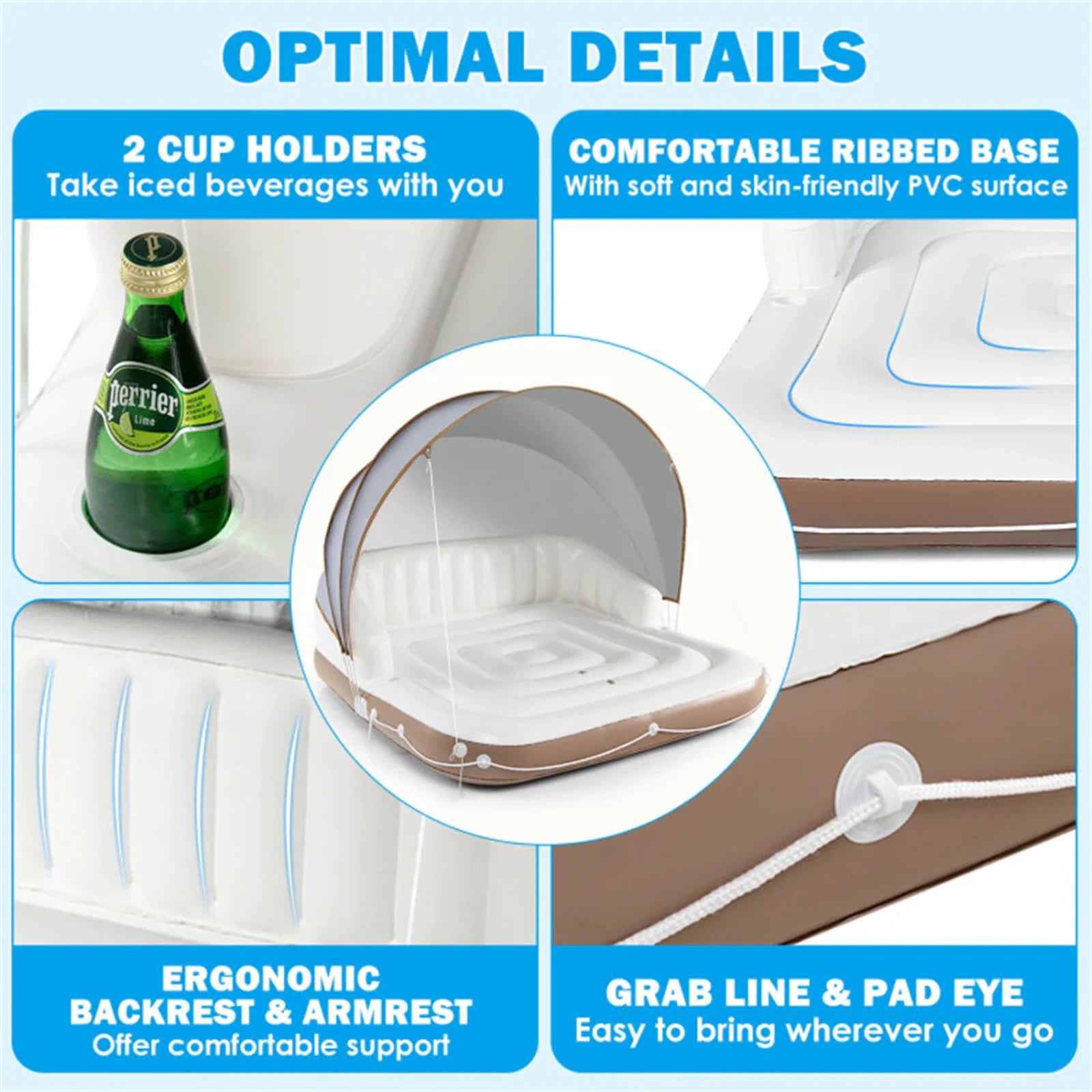 SEVORLEY Inflatable Floating Island Lounge – 71" x 71" Water Raft with Adjustable Removable Sunshade Canopy, SPF50+ Protection, Cup Holders, 441 lbs Capacity for Pool, Lake, Beach, Patio