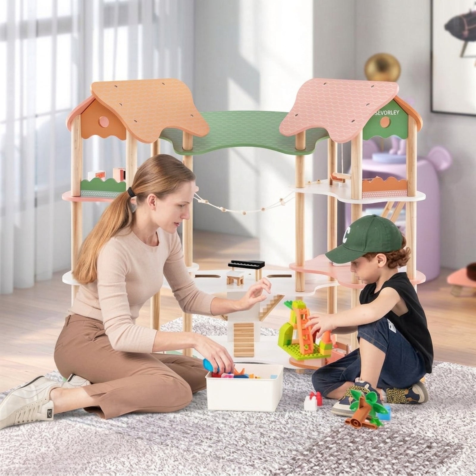 Doba 3-Tier Dollhouse with 7 Rooms & 31 Cute Furniture, MDF+Pine Wood Corner Design Kids Toy