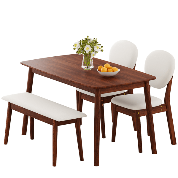 Doba 1 Table 2 Chairs 1 Bench Dining Set, Rubber Wood Frame with Beige Upholstered Seats, Deep Walnut Finish Rectangular Kitchen Dining Furniture