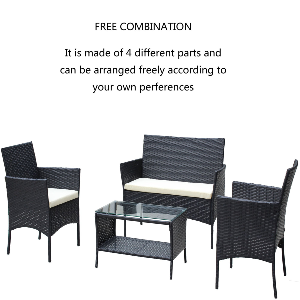 Doba 4 PC Rattan Patio Furniture Set Outdoor Patio Cushioned Seat Wicker Sofa
