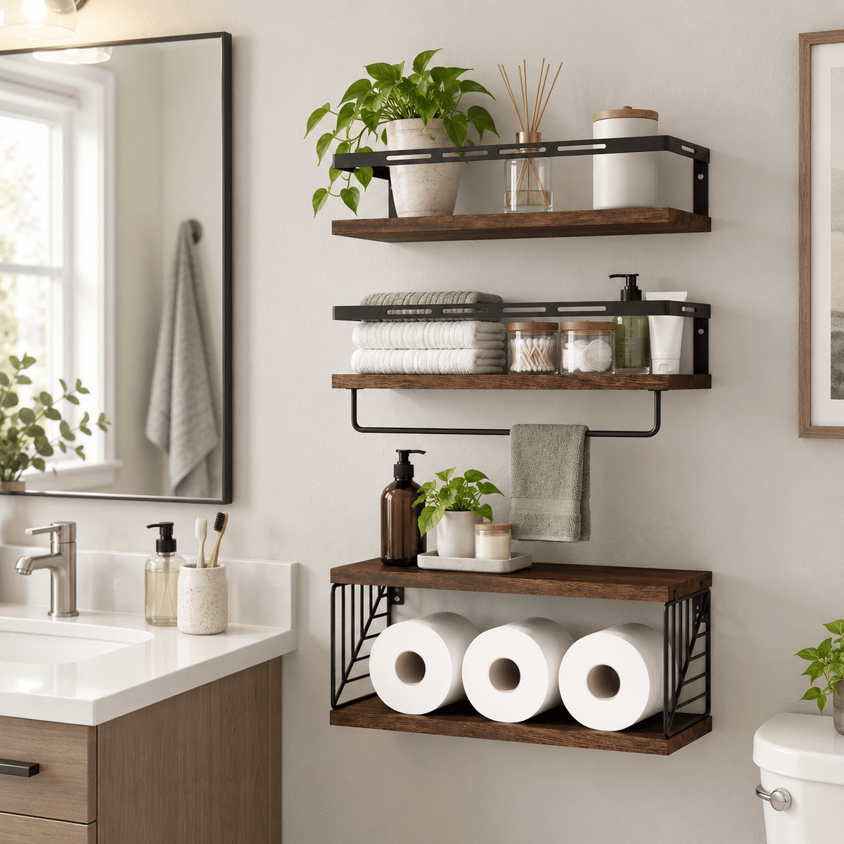 Doba 3-Piece Floating Wall Shelves Set, Rustic Brown Wood Wall Mounted Shelves with Towel Bar and Metal Guardrails, 22 lb Capacity Per Shelf, 15.85 x 5.95 Inch