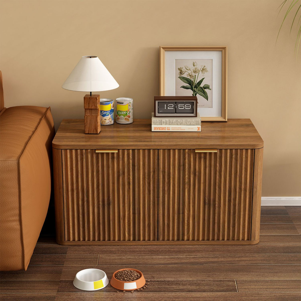 Doba 31.5" Walnut Cat Litter Box Enclosure Furniture, Large Decorative Hidden Litter Box Cabinet, Fluted Mid Century Modern Kitty End Table for Living Rooms, Bedrooms, Entryways (WALNUT)