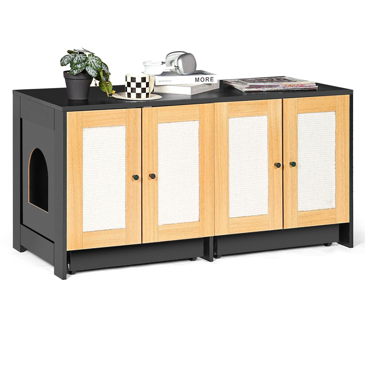 Doba Double Litter Box Enclosure,Cat Litter Box Enclosure for 2 Cats, Hidden Litter Box Furniture with Rattan Doors, 47" L x 19.8" W x 21.8" H,Black