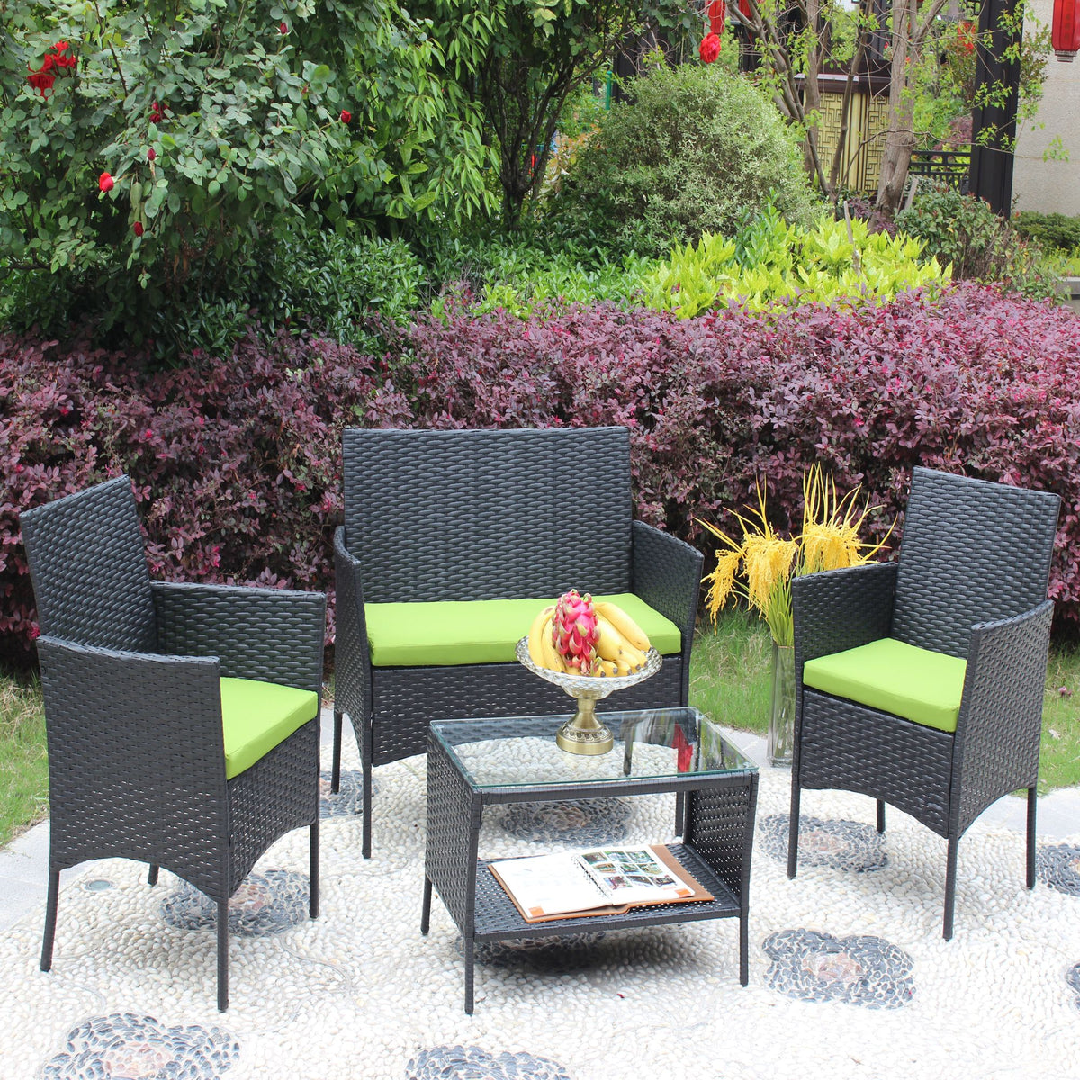 Doba 4 PC Rattan Patio Furniture Set Outdoor Patio Cushioned Seat Wicker Sofa Black+green