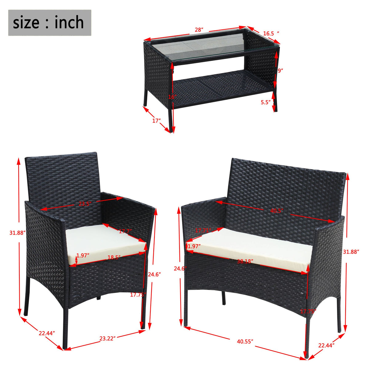 Doba 4 PC Rattan Patio Furniture Set Outdoor Patio Cushioned Seat Wicker Sofa