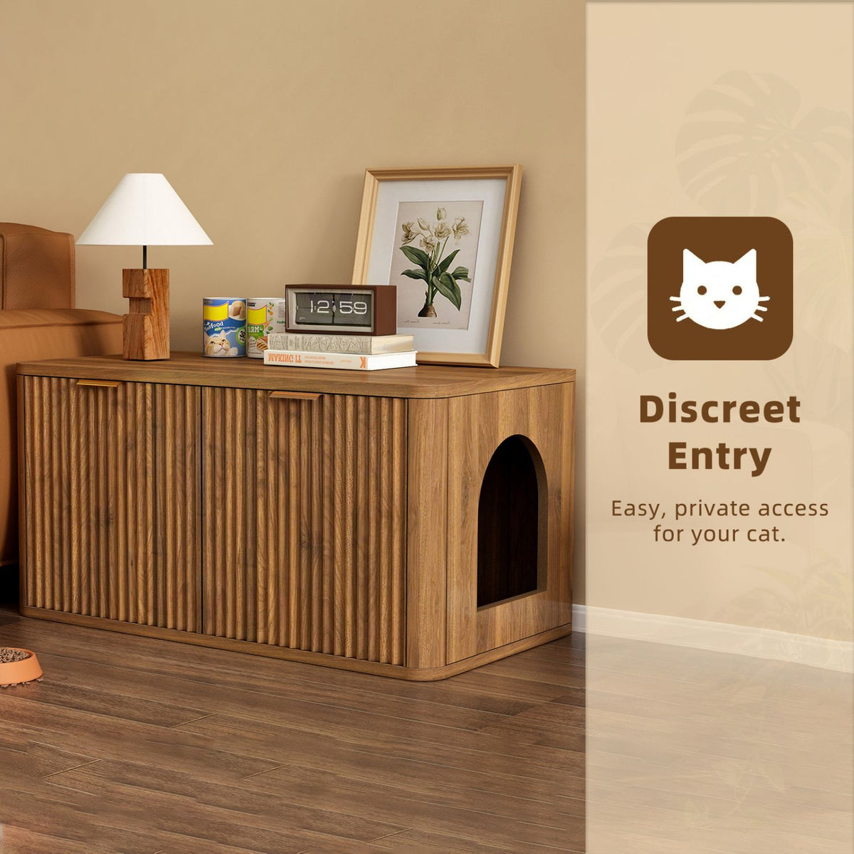 Doba 31.5" Walnut Cat Litter Box Enclosure Furniture, Large Decorative Hidden Litter Box Cabinet, Fluted Mid Century Modern Kitty End Table for Living Rooms, Bedrooms, Entryways (WALNUT)