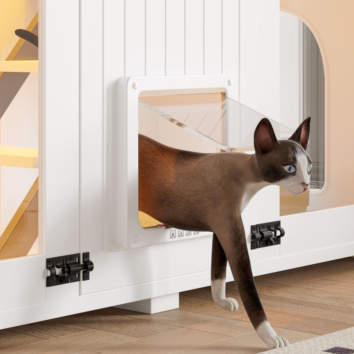 Doba 47.25" Large Cat Litter Box Enclosure with LED Light, Hidden Litter Box Furniture, Cat House with Stairs and Cat Scratching Post, Cat Cabinet Side Table with Smart Doors for Living Room