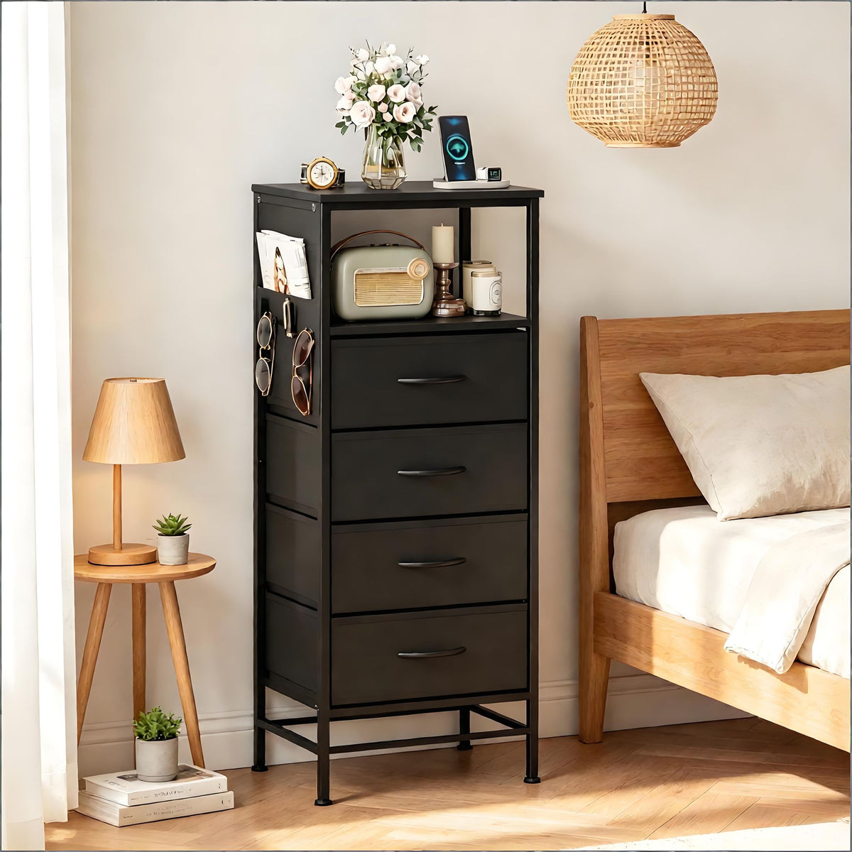 Doba Modern Nightstand with Integrated Charging Station Bedside Table 34" for Bedroom Furniture And Storage Black