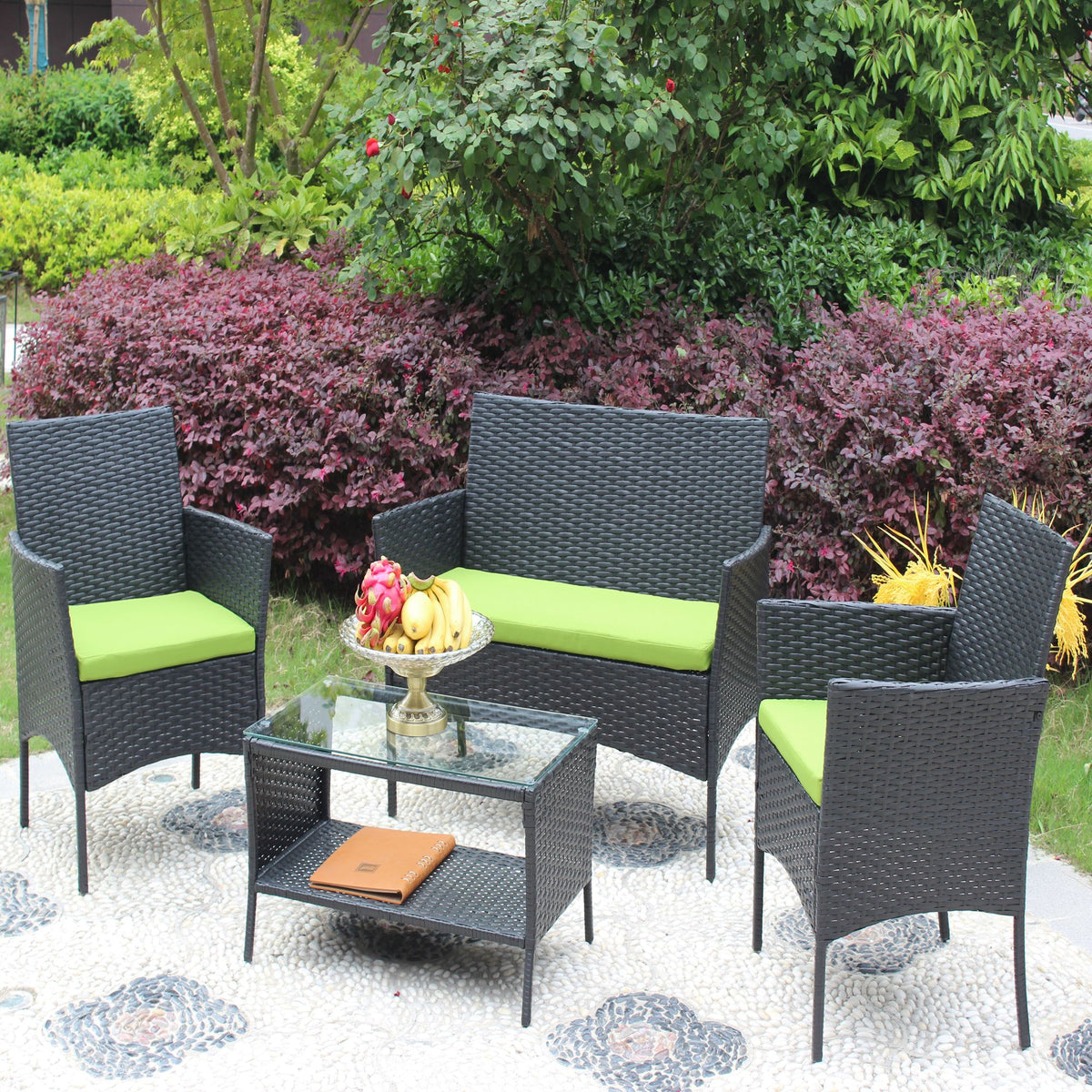 Doba 4 PC Rattan Patio Furniture Set Outdoor Patio Cushioned Seat Wicker Sofa