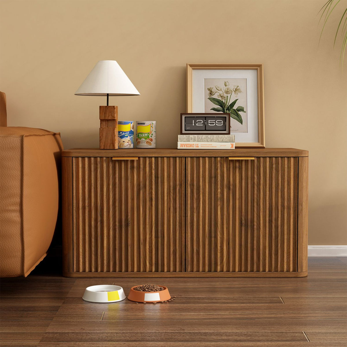 Doba 31.5" Walnut Cat Litter Box Enclosure Furniture, Large Decorative Hidden Litter Box Cabinet, Fluted Mid Century Modern Kitty End Table for Living Rooms, Bedrooms, Entryways (WALNUT)