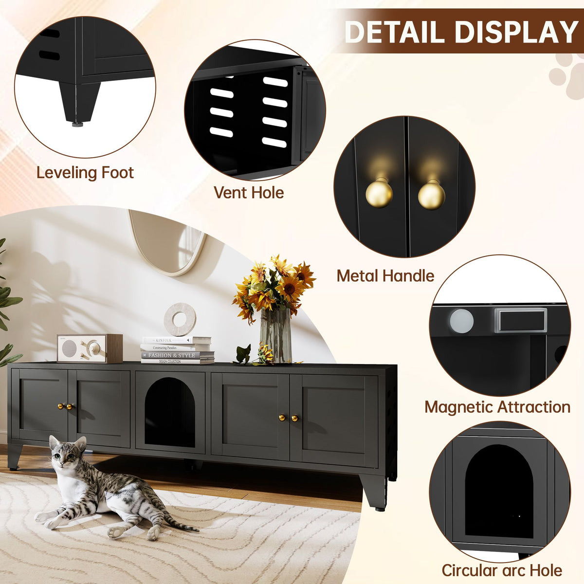 Doba 58" Metal Cat Litter Box Enclosure, Hidden Litter Box Furniture for 2 Cats, Large Indoor Cat House TV Stand Cabinet with Ventilation & 2 Compartments, Black Modern Pet Washroom with Adjustable Legs