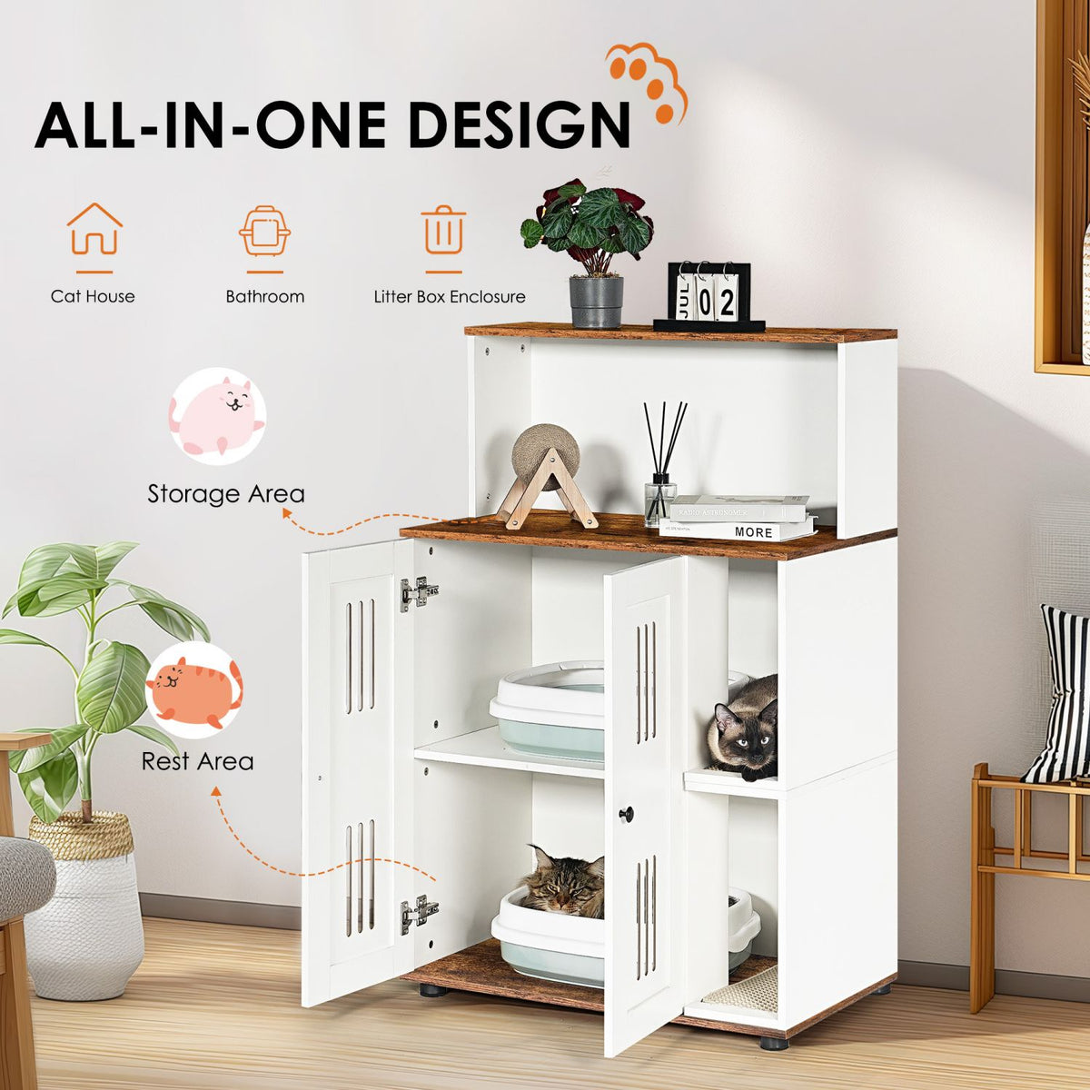 Doba Litter Box Enclosure for 2 Cats,Hidden cat furniture, double litter cabinet, can be used as side cabinet, wash bathroom