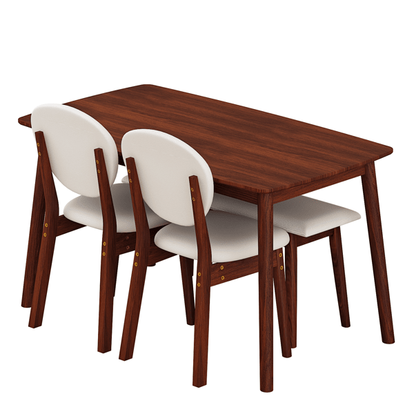 Doba 1 Table 2 Chairs 1 Bench Dining Set, Rubber Wood Frame with Beige Upholstered Seats, Deep Walnut Finish Rectangular Kitchen Dining Furniture