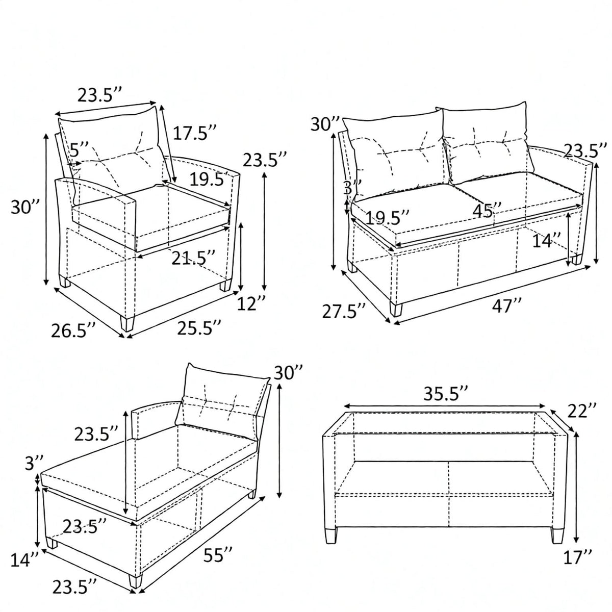 Doba 4 Pieces Patio Sofa Set Rattan Furniture with Cushion And 2-Tier Coffee Table Outdoor Living Room Set