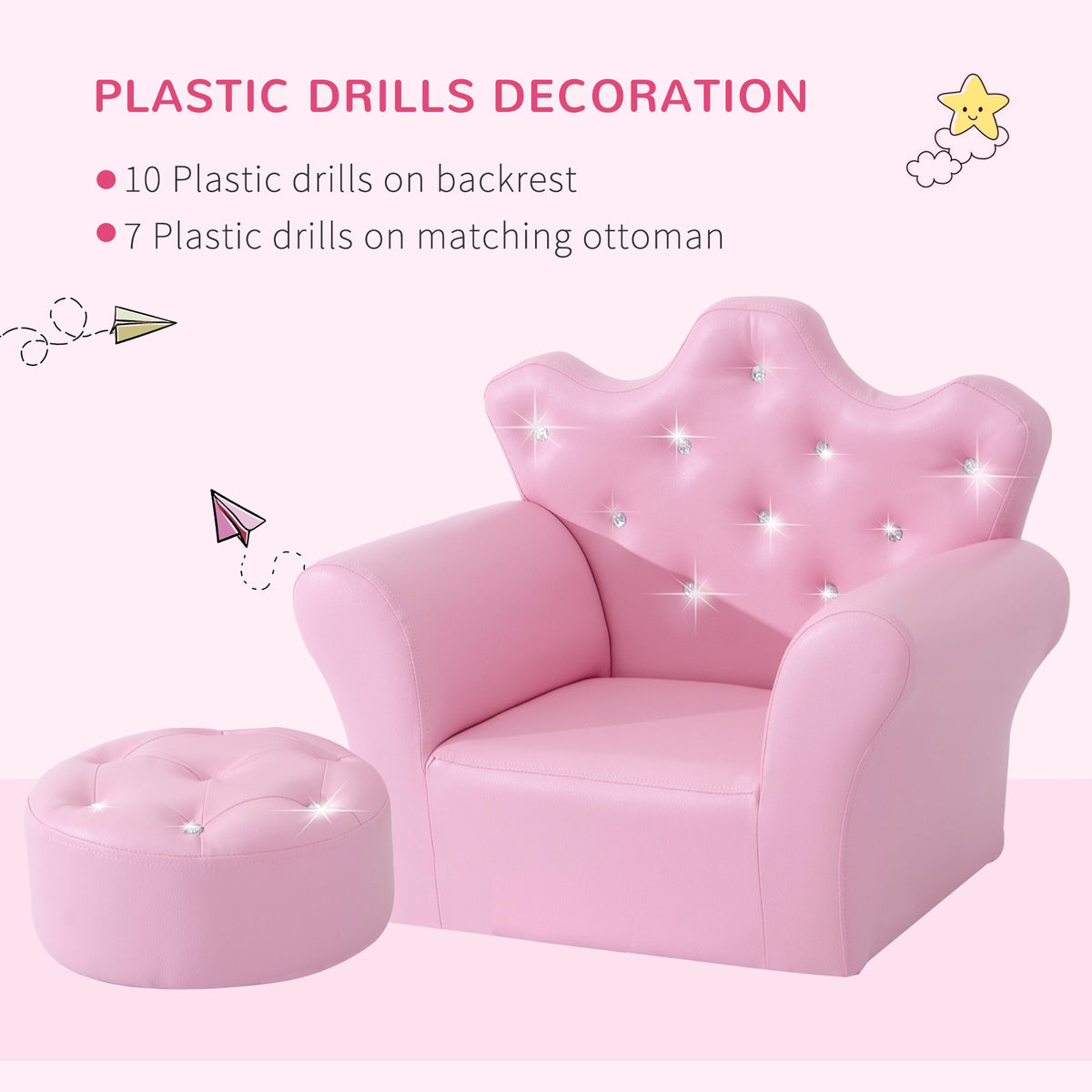 Doba Kids Sofa Set with Footstool, Princess Theme, Diamond Decoration - Cozy Furniture for Children