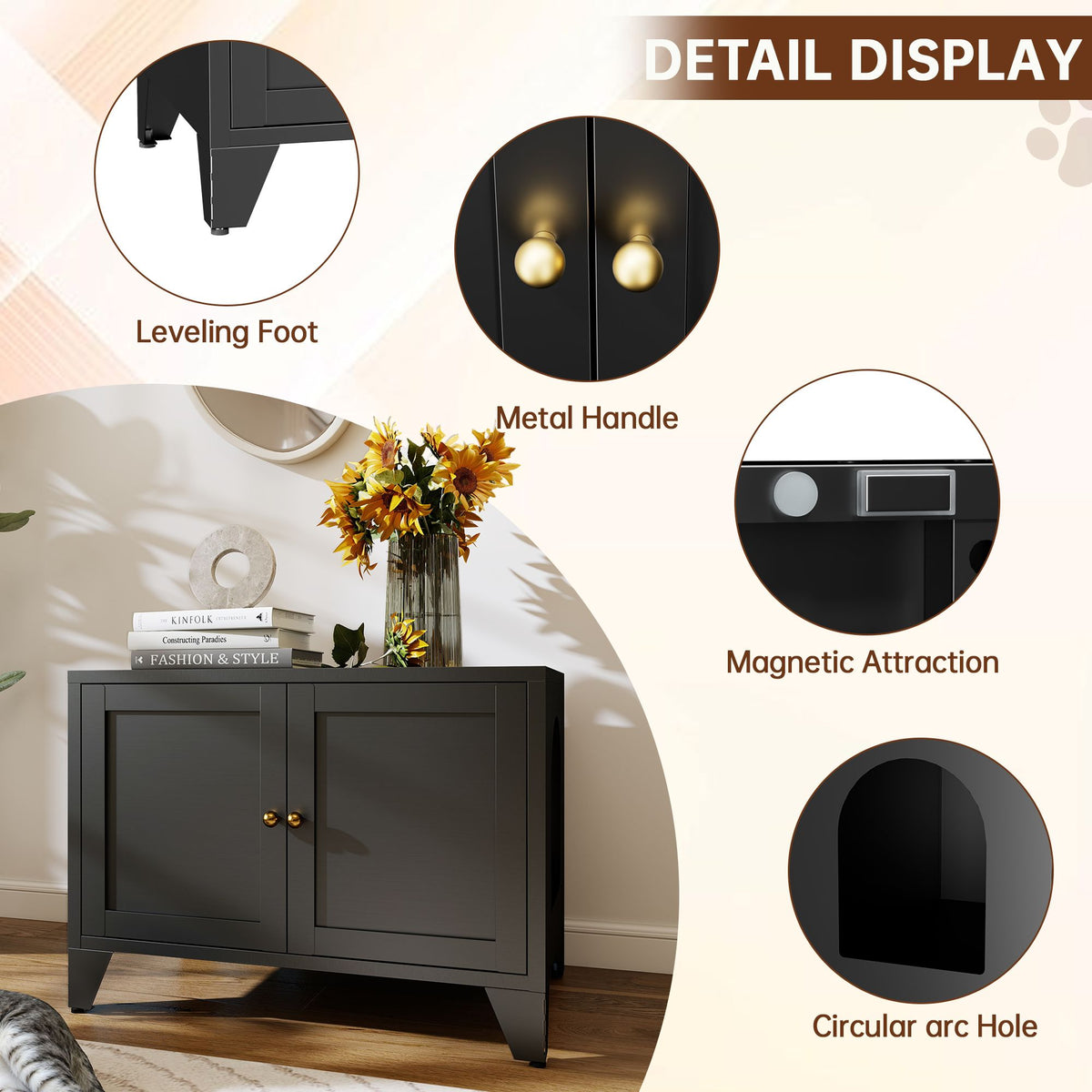 Doba Metal Cat Litter Box Enclosure, Modern Hidden Litter Box Furniture Indoor Pet House, Freestanding Cat Washroom Cabinet Fits Most Standard Litter Boxes, Black Decorative Pet Side Table for Home