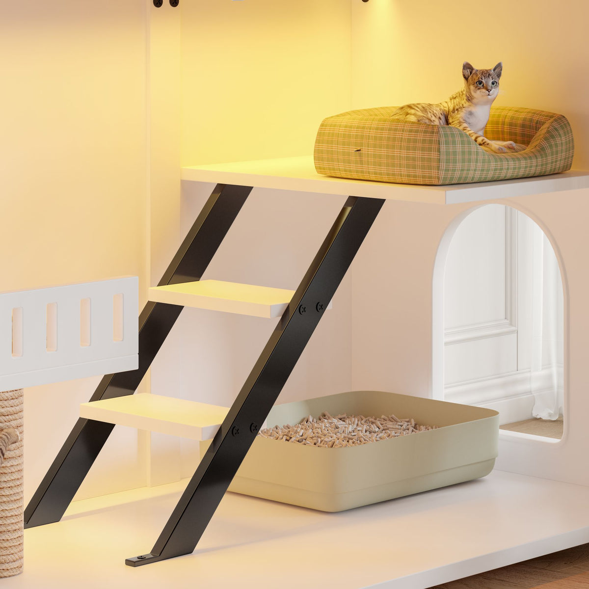 Doba 47.25" Large Cat Litter Box Enclosure with LED Light, Hidden Litter Box Furniture, Cat House with Stairs and Cat Scratching Post, Cat Cabinet Side Table with Smart Doors for Living Room