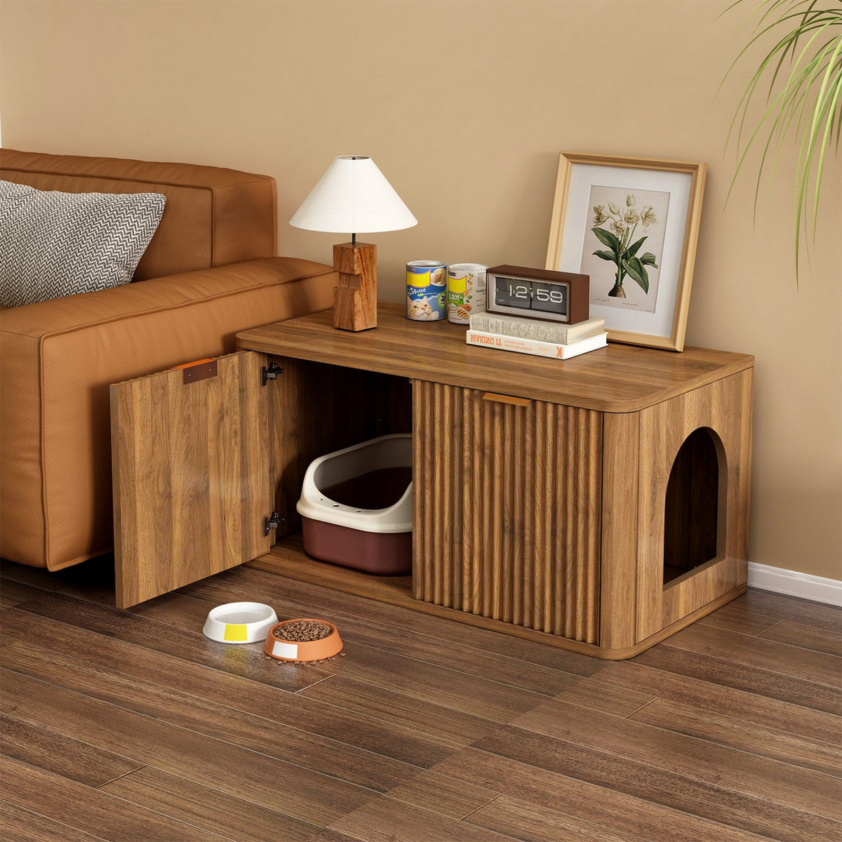 Doba 31.5" Walnut Cat Litter Box Enclosure Furniture, Large Decorative Hidden Litter Box Cabinet, Fluted Mid Century Modern Kitty End Table for Living Rooms, Bedrooms, Entryways (WALNUT)