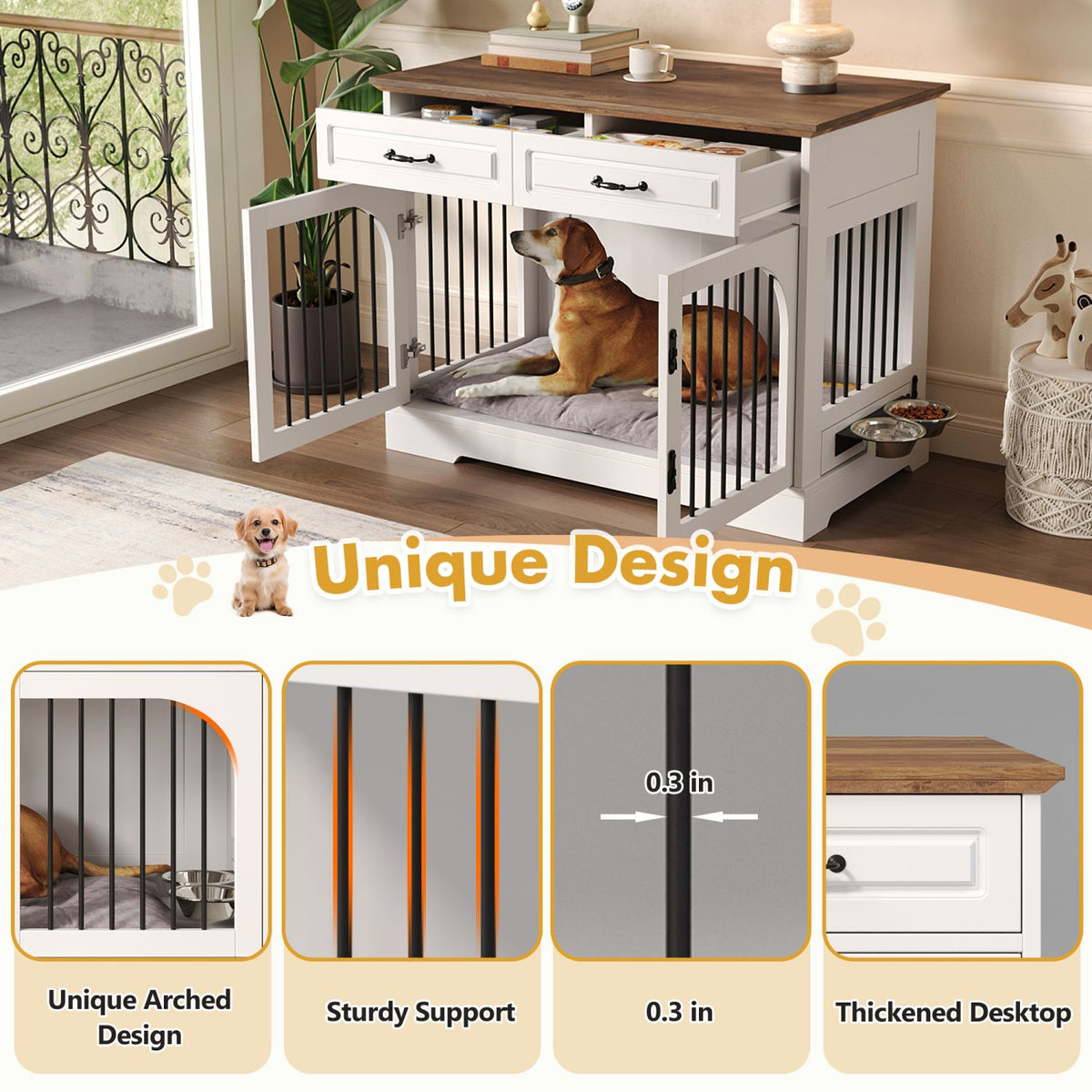 Doba 43.3" Farmhouse Dog Crate Furniture, Wooden Dog Kennel with 2 Storage Drawers and Rotating Food Bowls, Secure Metal Bar Crate for Lage & Medium Dogs, Indoor Dog Crate Side Table, White and Brown