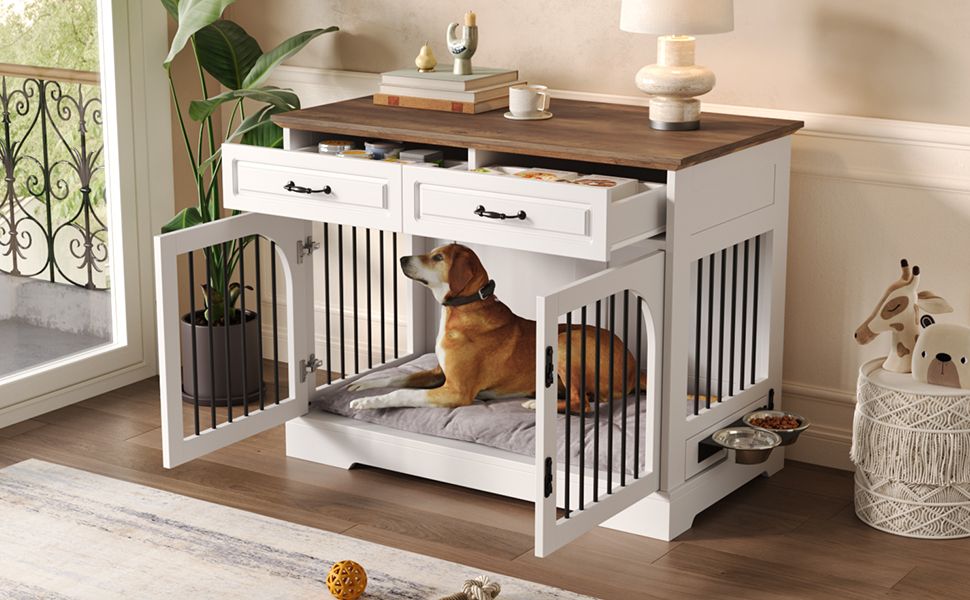 Doba 43.3" Farmhouse Dog Crate Furniture, Wooden Dog Kennel with 2 Storage Drawers and Rotating Food Bowls, Secure Metal Bar Crate for Lage & Medium Dogs, Indoor Dog Crate Side Table, White and Brown