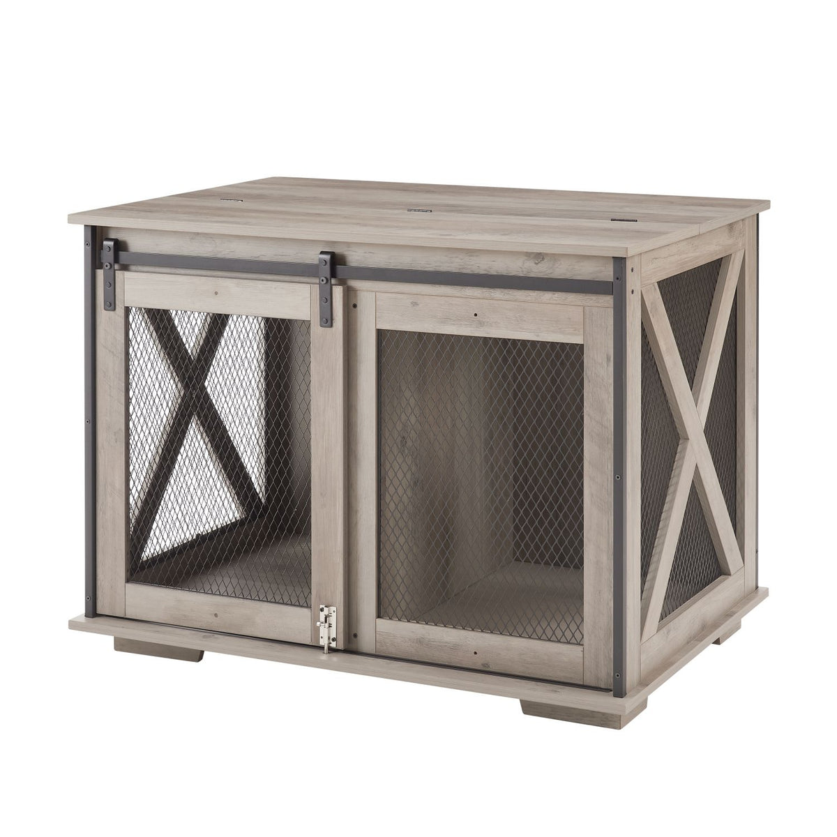 Doba Farmhouse Dog Cage Crate Furniture with Sliding Barn Door, Farmhouse Wooden Dog Kennel End Table with Flip-top Plate Dog House with Detachable Divider for Small/Medium/Large Dog Gray