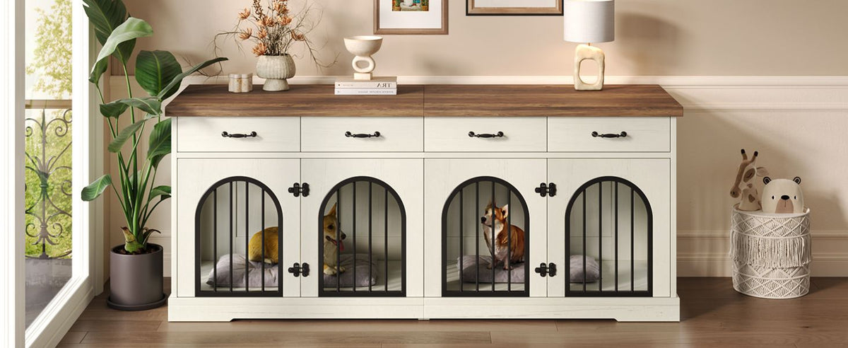 Doba 70.8" Large Dog Crate Furniture for 2 Dogs, Dog Kennel Indoor with Removable Divider Door and 4 Storage Drawers, End Table, Dog Crate TV Stand with 4 Doors for Medium Small Dogs, White and Brown