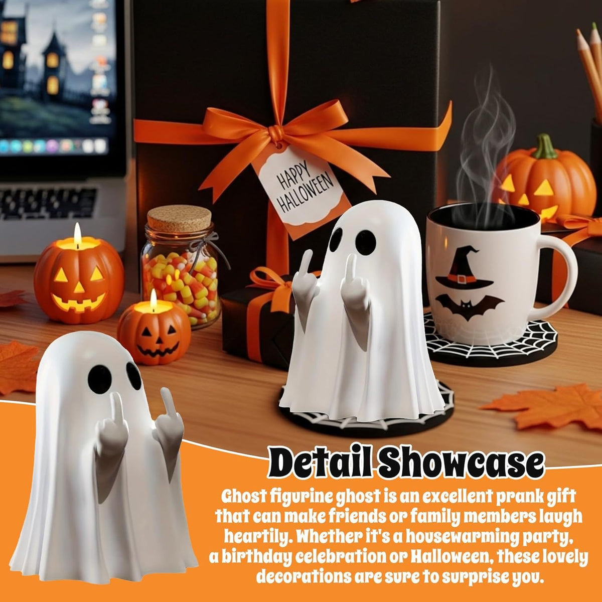 Doba Halloween Ghost Figurine, Spooky Resin Ghost Statue, Cute Ghost Halloween Decoration for Home and Office Desktop Decor Display Ornaments