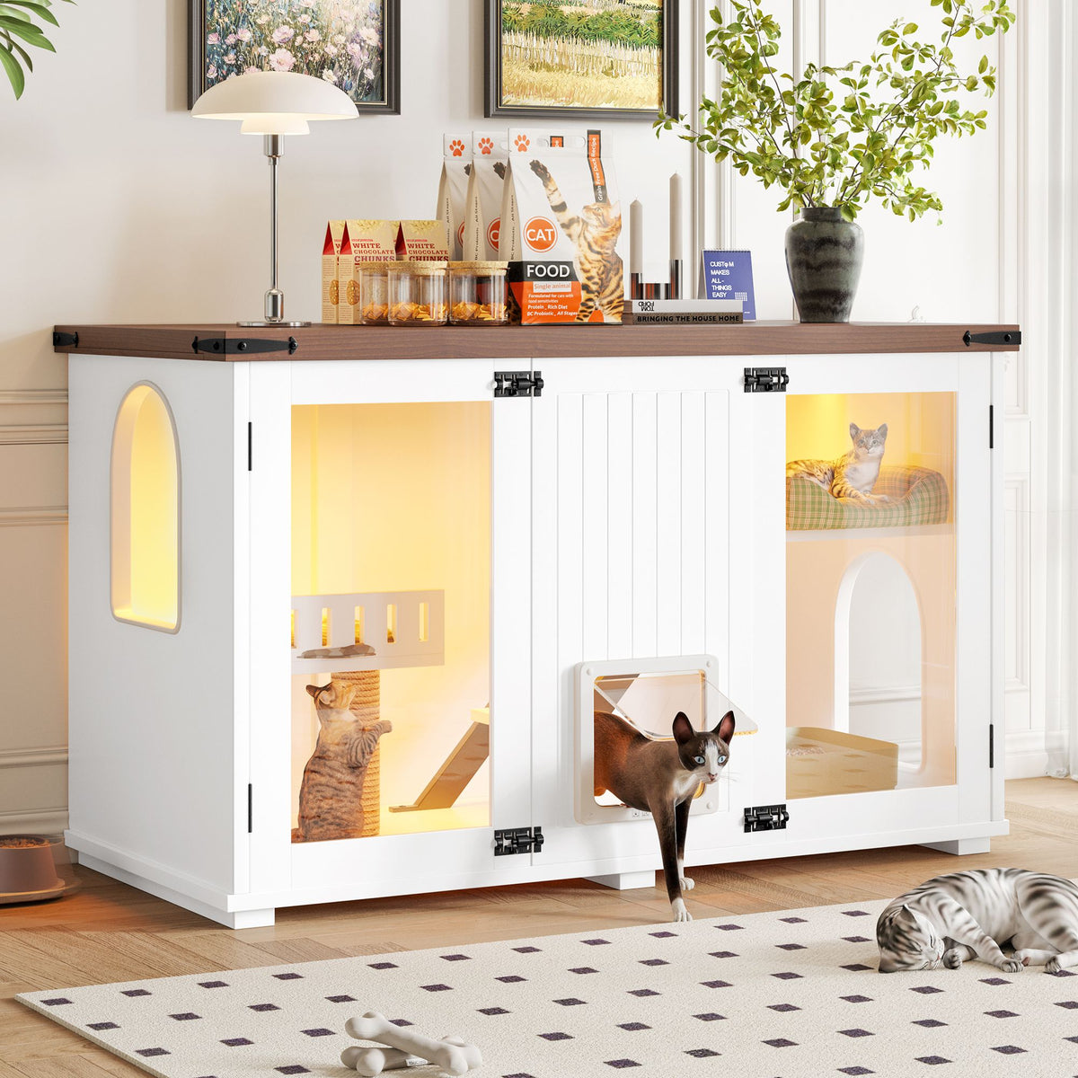 Doba 47.25" Large Cat Litter Box Enclosure with LED Light, Hidden Litter Box Furniture, Cat House with Stairs and Cat Scratching Post, Cat Cabinet Side Table with Smart Doors for Living Room